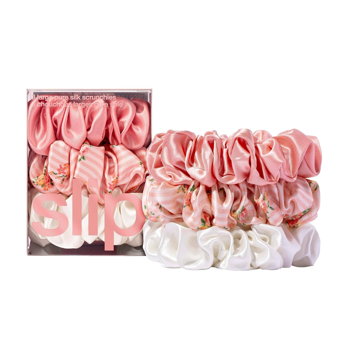 slip Large Scrunchie Multi | Set of 3 Pure Silk Large Scrunchies | Includes 1 Pink, 1 Caramel, 1 Black | 100% Mulberry Silk, Anti-Crease, Gentle on Hair, Reduces Breakage | Stylish & Durable