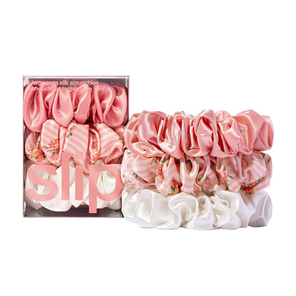 slip Large Scrunchie Multi | Set of 3 Pure Silk Large Scrunchies | Includes 1 Pink, 1 Caramel, 1 Black | 100% Mulberry Silk, Anti-Crease, Gentle on Hair, Reduces Breakage | Stylish & Durable