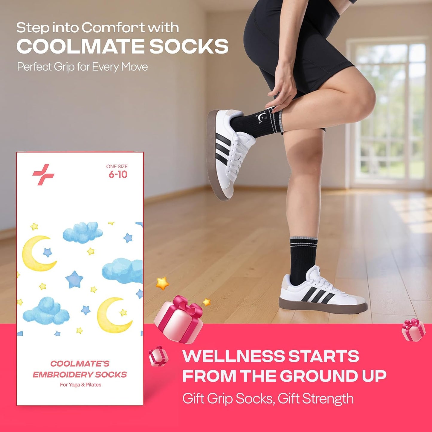 COOLMATE Pilates Socks with Grips for Women, Yoga Socks, Crew Non Slip Women for Barre, Pilates Gifts for Women - Colors A