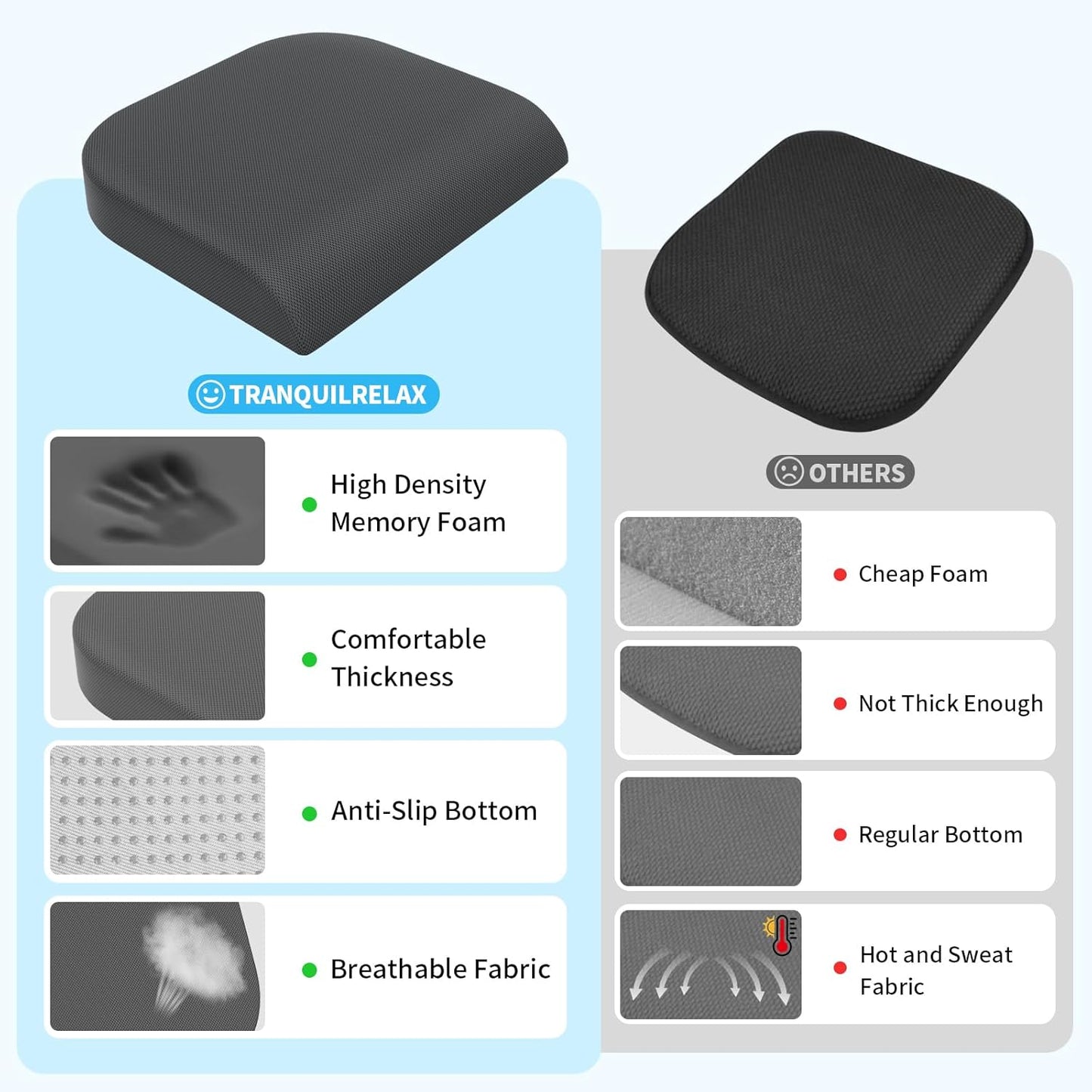 TranquilRelax Large Seat Cushion, Memory Foam Cushion for Long Sitting Hours on Office Chair, Car Seat, Non-Slip Chair Pad for Sciatica, Coccyx, Tailbone Pain Relief & Post-Surgery Recovery (Black)