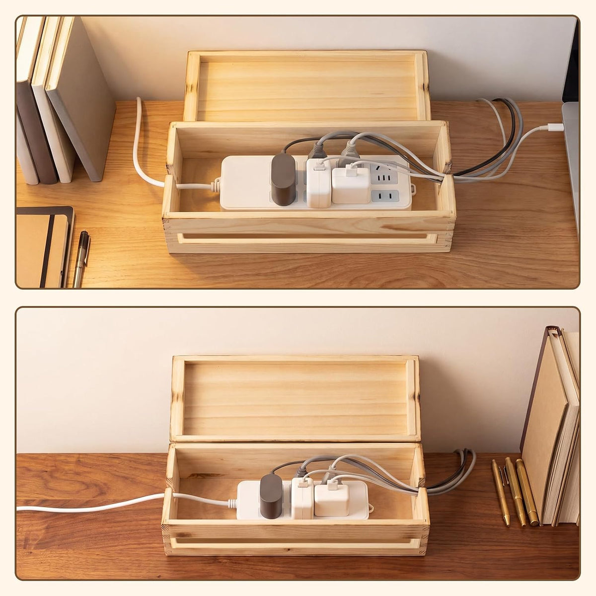 Changsuo Cable Management Box Wooden Cord Organizer Box for Extension Cord Power Stripe Surge Protector Wire Management Concealer Cover Hider for Desktop Home Office Kitchen (Brown)