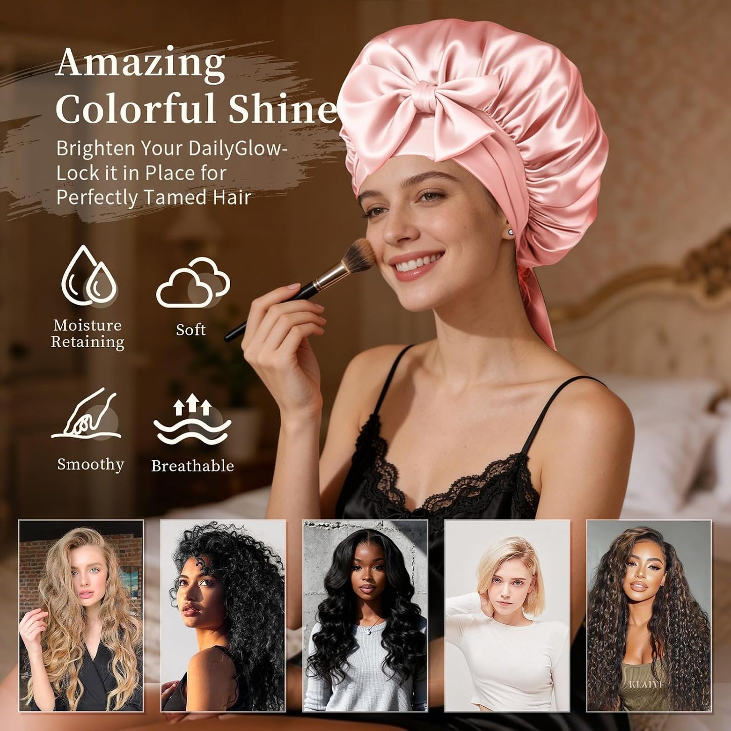 Silk Bonnet Satin Bonnet for Sleeping Large Bonnets with Tie Band Hair Wrap with Adjustable Straps Hair Cap for Women Curly Black