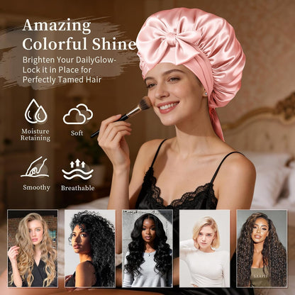 Silk Bonnet Satin Bonnet for Sleeping Large Bonnets with Tie Band Hair Wrap with Adjustable Straps Hair Cap for Women Curly Black