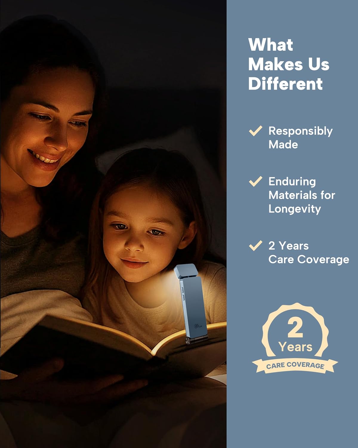 86lux Book Light, Rechargeable Clip-On LED Reading Light for Bed & Night Use - 3 Color Temperatures with Stepless Dimming, Ultralight Bookmark Design for Book Lovers, Grey