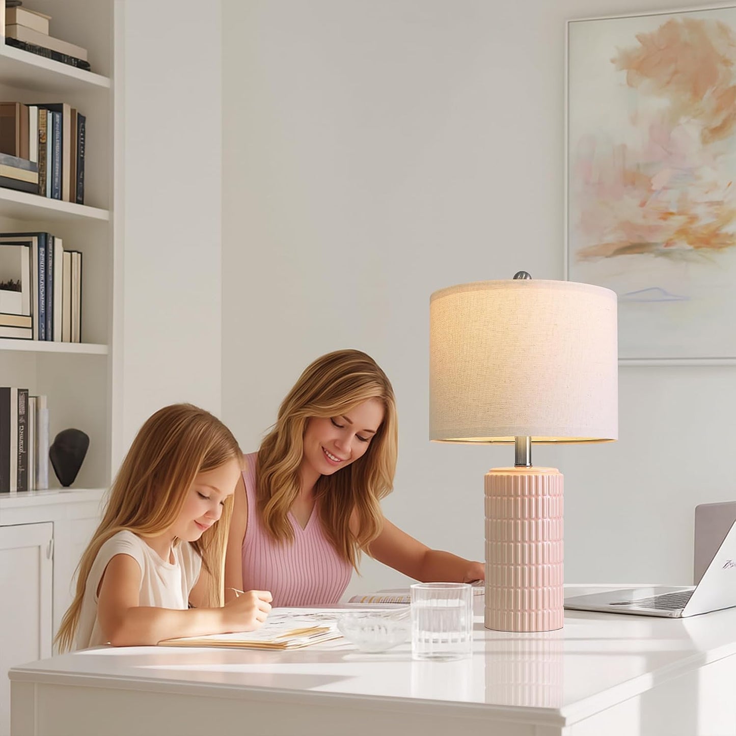 PoKat 20.75" Small Modern Ceramic Table Lamps Set of 2 for Bedroom, White Bedside Lamps for Night Stands, Farmhouse Desk Home Decor Gift Nightstand Table Lamps for Living Room End Table Beige