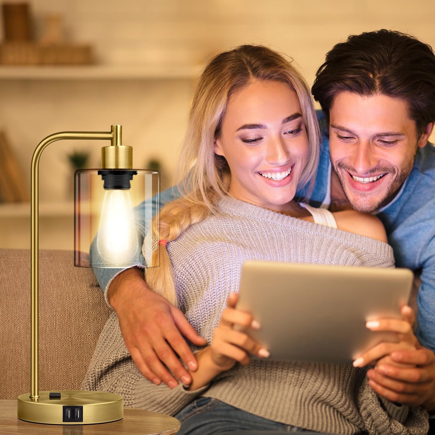 Set of 2 Industrial Touch Control Table Lamps with USB C+A Ports and AC Outlet - 3-Way Dimmable Black Bedside Lamps Nightstand Desk Lamps for Bedroom Living Room, Glass Shade & 2 LED Bulbs Included