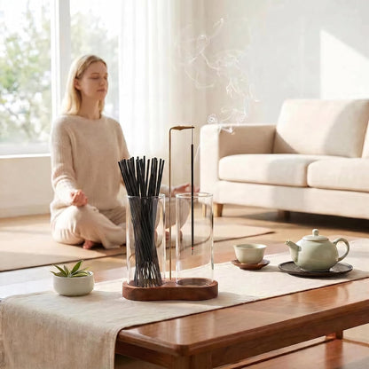 Incense Holder for Sticks with Glass Ash Catcher - Upside Down Anti-Ash Flying Incense Burner & Stick Storage Organizer, Ideal for Meditation, Yoga, Zen Home Decor, Spa Relaxation Gift