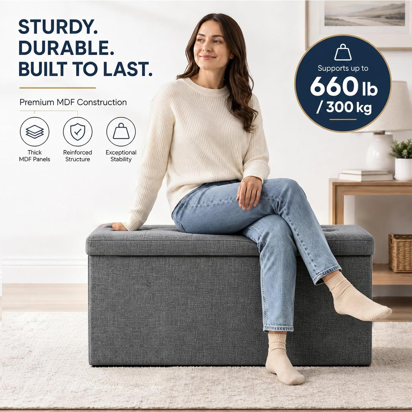 ALASDO Storage Ottoman Footrest Stool Small Ottoman with Storage Foldable Ottomans Foot Rest Footstool Bench for Living Room 17x13x13inches Grey