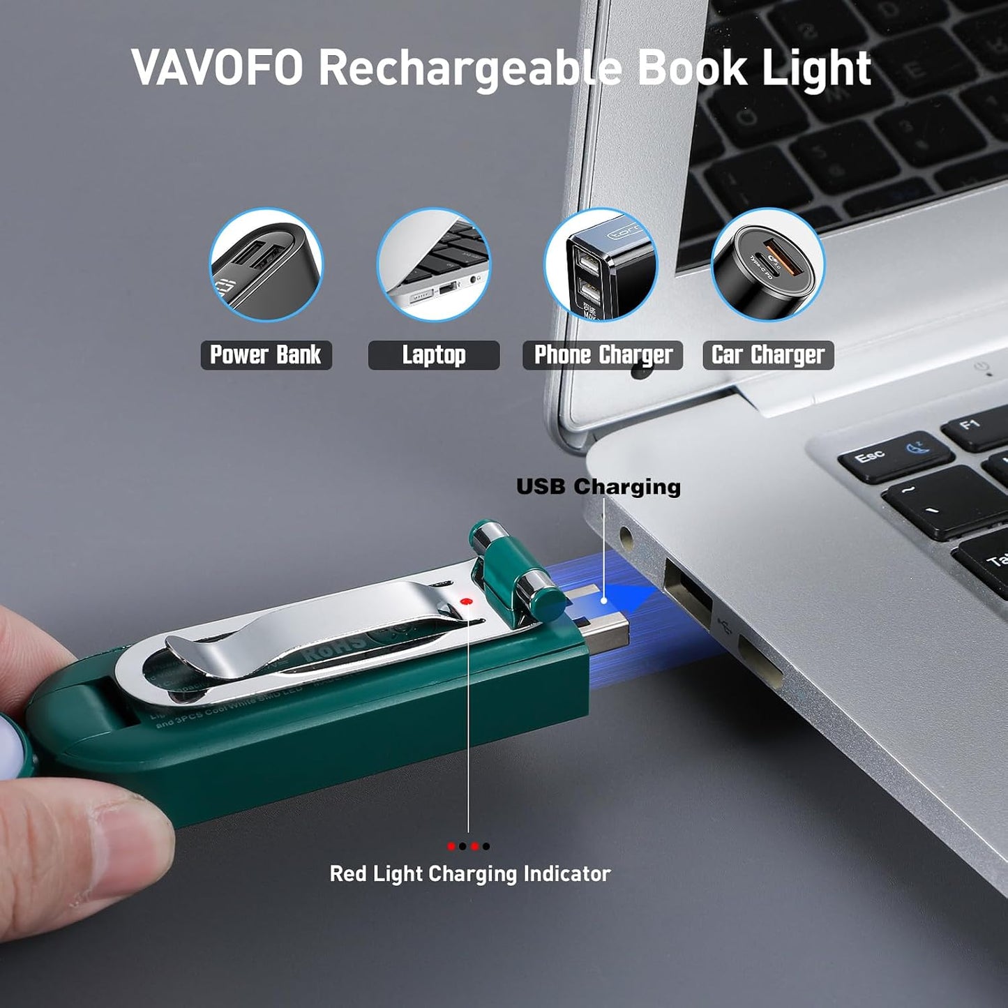 VAVOFO USB Rechargeable Book Light, Blue Light Blocking, Amber Clip-On Bookmark Shaped Reading Light, Eye Care 6 LEDs With 9 Lighting Modes for Bookworms (Grey)
