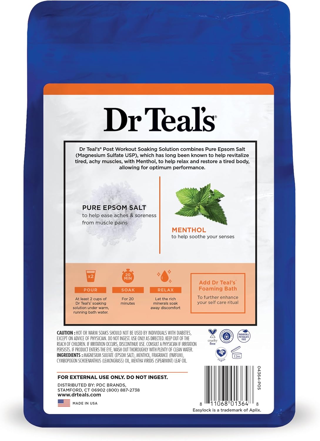 Dr Teal's Epsom Salt Magnesium Soak, Pre & Post Workout with Menthol & Essential Oils, 3 lbs