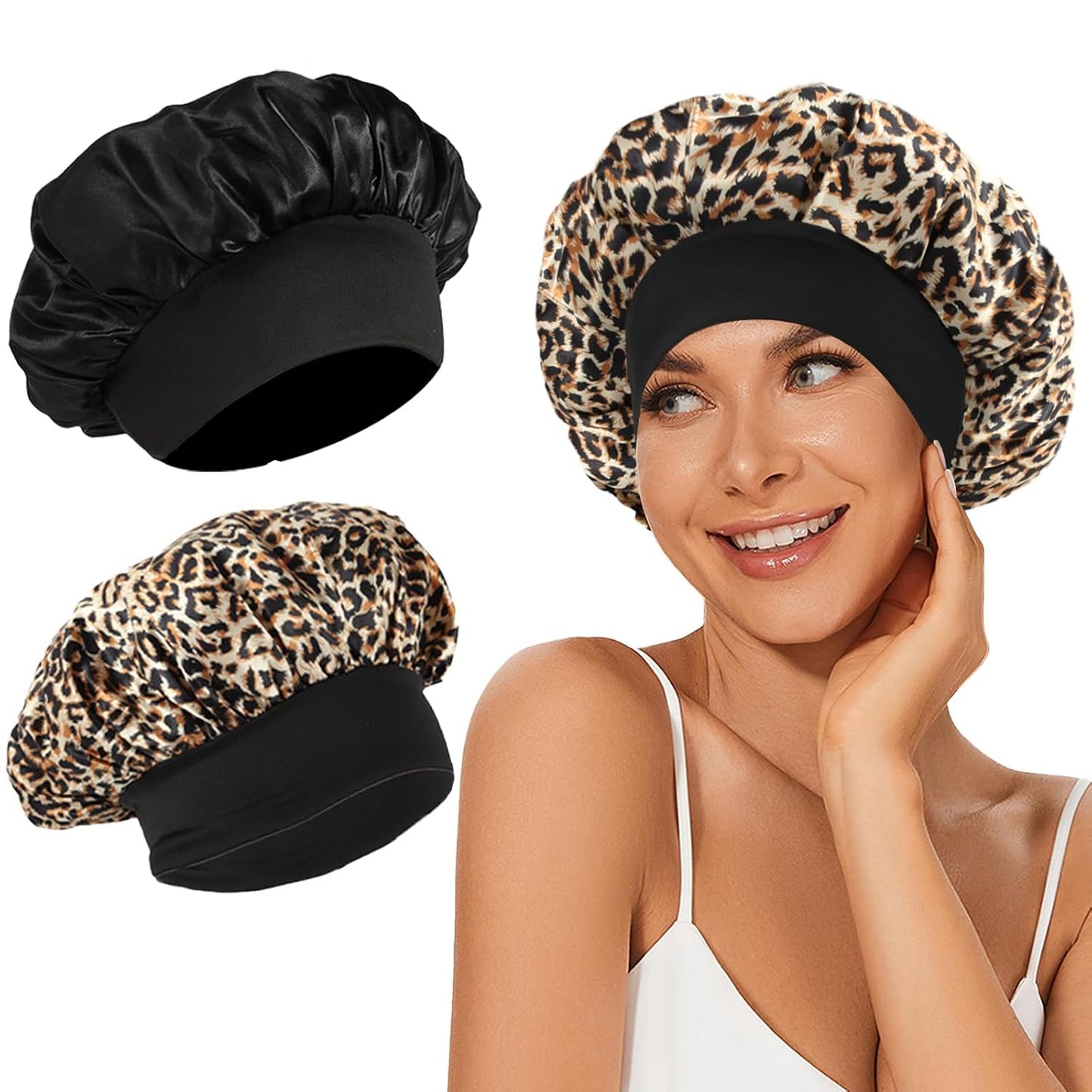 4Pcs Satin Bonnet Silk Bonnet, Hair Bonnet for Sleeping | Elastic Wide Band Silk Sleep Cap, Soft and Breathable, Black Red Purple Gold
