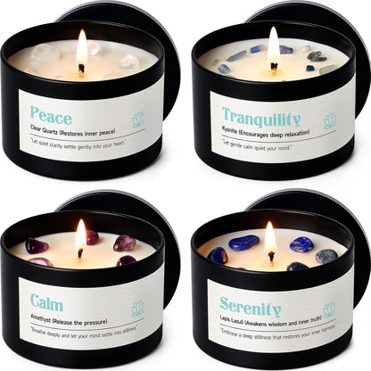 AOOVOO Crystal Energy Candles Set for Women - 4 Pack 26 oz Soy Wax Candles for Home Scented, 200 Hour Long Lasting Candle, Laughter Red Crystal/Love Rose Quartz/Joy Citrine/Passion Red Quartz