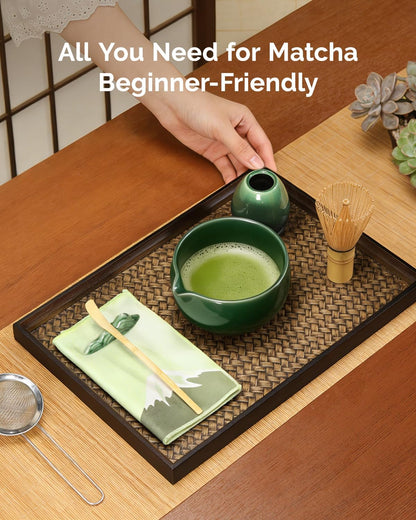 Maestri House Matcha Whisk Set, 7-Pc Complete Matcha Kit with Spouted Ceramic Bowl, Bamboo Whisk and Holder, Scoop, Spoon Rest & Sifter, Tea Cloth – Ideal Gift for Matcha Lovers (Black Stone)