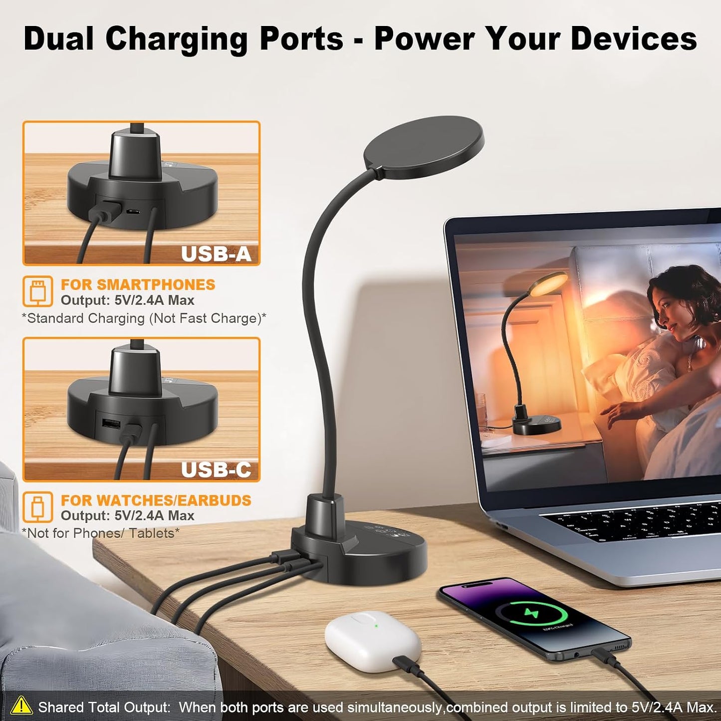15W LED Desk Lamp with USB Charging Ports – Dimmable Table Lamp with 3 Color Temps, 5 Brightness, 4 Timers, Flexible Gooseneck Light with Base, Eye-Caring Reading Light for Home Office, Bedroom, Study