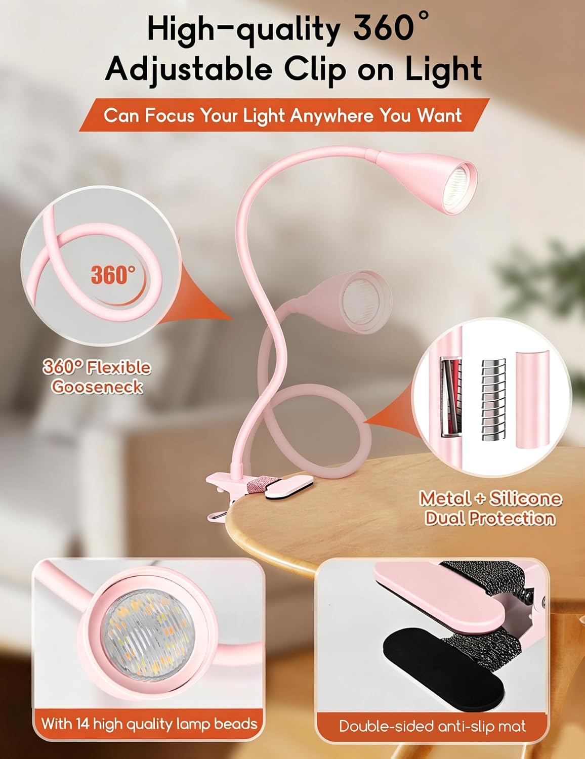 Reading Light for Book in Bed, Clip on Light Reading Lamp with Adapter, 5 Color Modes 10 Brightness, 360° Flexible Eye-Caring Clip on Desk Lamp Book Light for Reading in Bed Headboard Bedside Bedroom