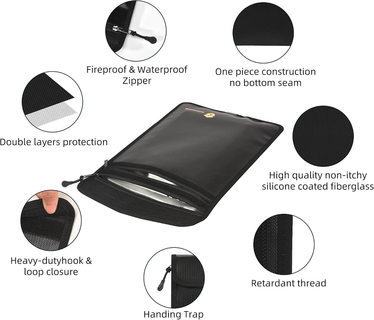 3 Pcs Fireproof Waterproof Document Bag(2000℉), Fire and Water Resistant Safe Zipper Storage Organizer Pouch for A4 A5 Documents Holder, Cash, Passport, Tablet, Laptop, File, Jewelry,(Black)