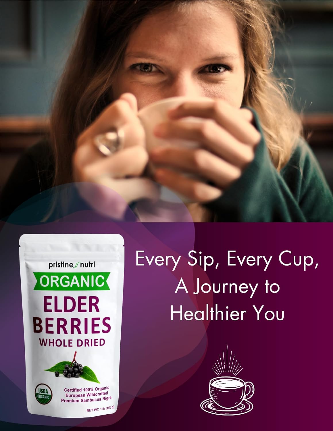 Organic Elderberries Dried Bulk | Whole European Elderberry Dried, Wildcrafted All Natural | Non-GMO, Non-irradiated | Immunity Booster Antioxidants and Vitamins | Make Syrup, Tea | 1 lb (16 oz)