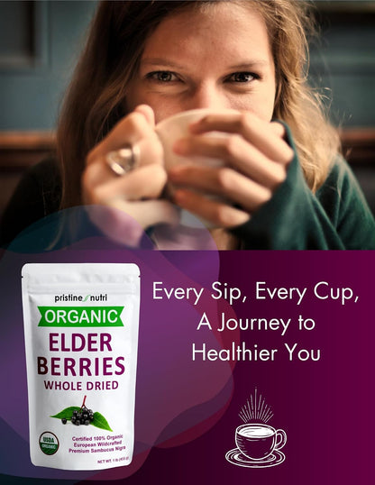 Organic Elderberries Dried Bulk | Whole European Elderberry Dried, Wildcrafted All Natural | Non-GMO, Non-irradiated | Immunity Booster Antioxidants and Vitamins | Make Syrup, Tea | 1 lb (16 oz)
