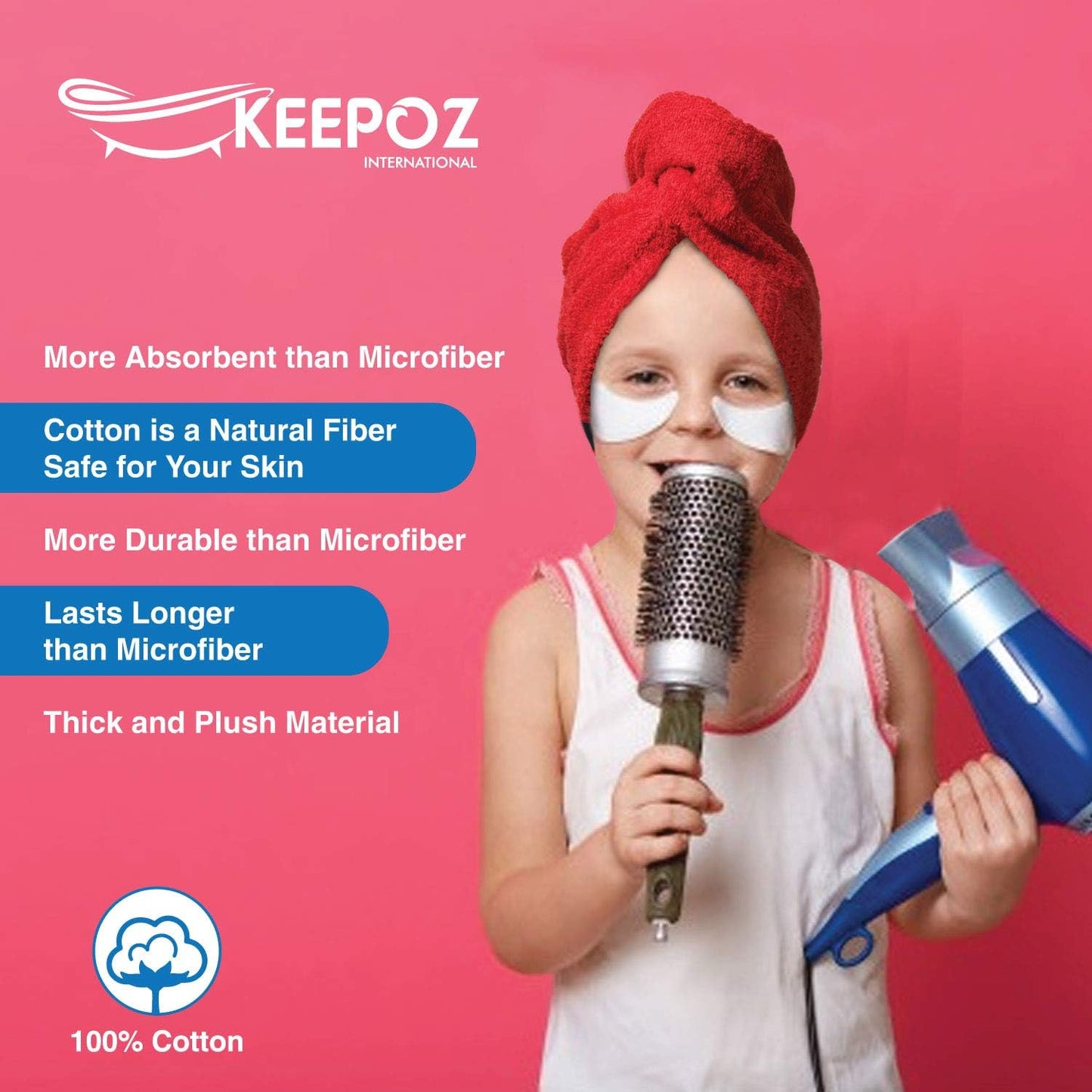 KEEPOZ 100% Cotton Hair Towel Wrap Quick Dry Super Absorbent Turban Head Wrap for Women with Button, Anti Frizz, Hair Cap for Curly, Long & Thick Hair (White, 1 Pc)