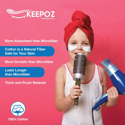 KEEPOZ 100% Cotton Hair Towel Wrap Quick Dry Super Absorbent Turban Head Wrap for Women with Button, Anti Frizz, Hair Cap for Curly, Long & Thick Hair (White, 1 Pc)