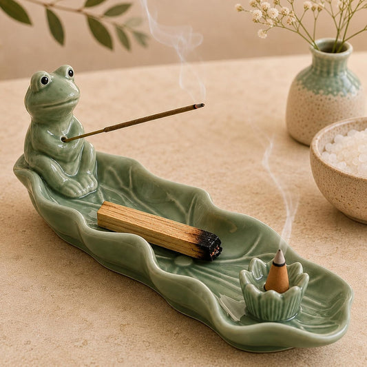 Frog Incense Holder for Sticks, Handmade Ceramic Holder for Burning Sage Sticks, Palo Santo, Cone and Backflow, Incense Burner for Meditation Room Home Decor, Frog Spiritual Gifts for Women