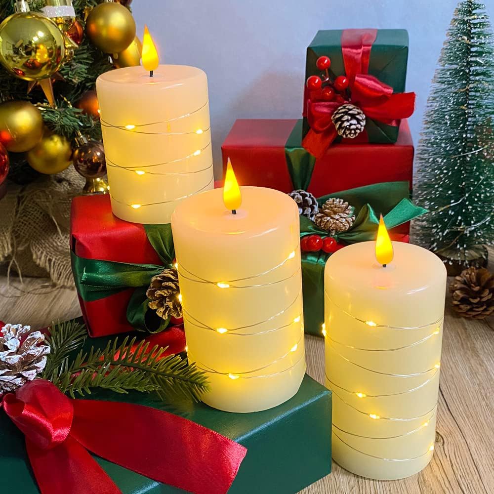 LEDHOLYT Rechargeable Flameless Glass Pillar Candles–Gifts for Women,–Set of 3, Realistic Flickering LED Flame,Remote & Timer, Ideal for Living Room, Bedroom & Halloween Festival Home Party Decor