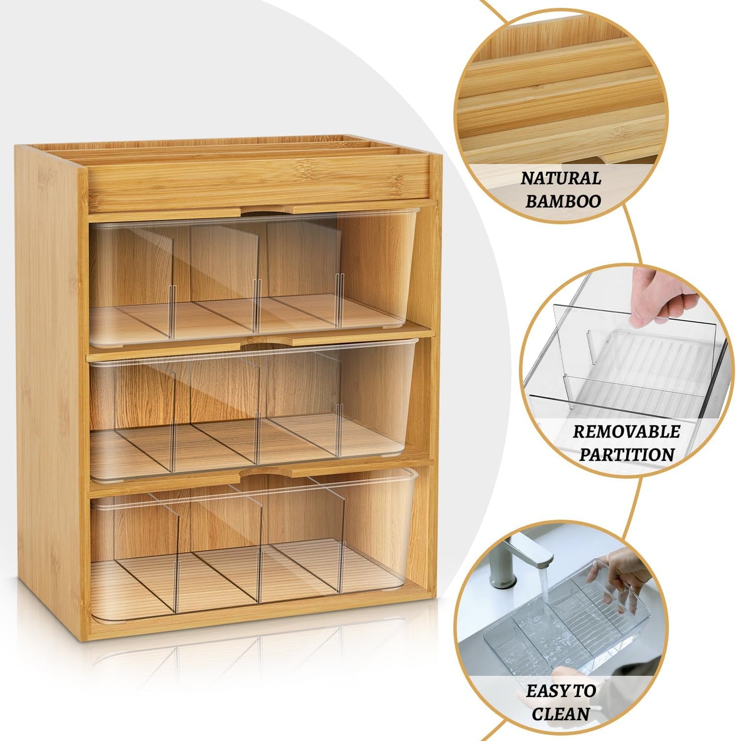 TIMIEEYA Tea Bag Organizer - Bamboo Tea Storage With Drawer 3 Layer, Organizer for Tea Bags Natural Wood & Acrylic for Countertop Office Kitchen Cabinet Pantry