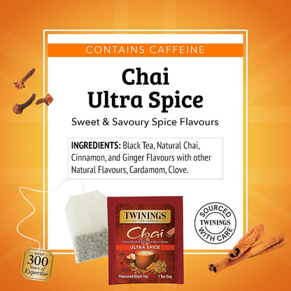 Twinings Ultra Spice Chai Individually Wrapped Bags, 20 Count (Pack of 6), Sweet, Savoury Spices, Caffeinated, Enjoy Hot or Iced, 120 Teabags