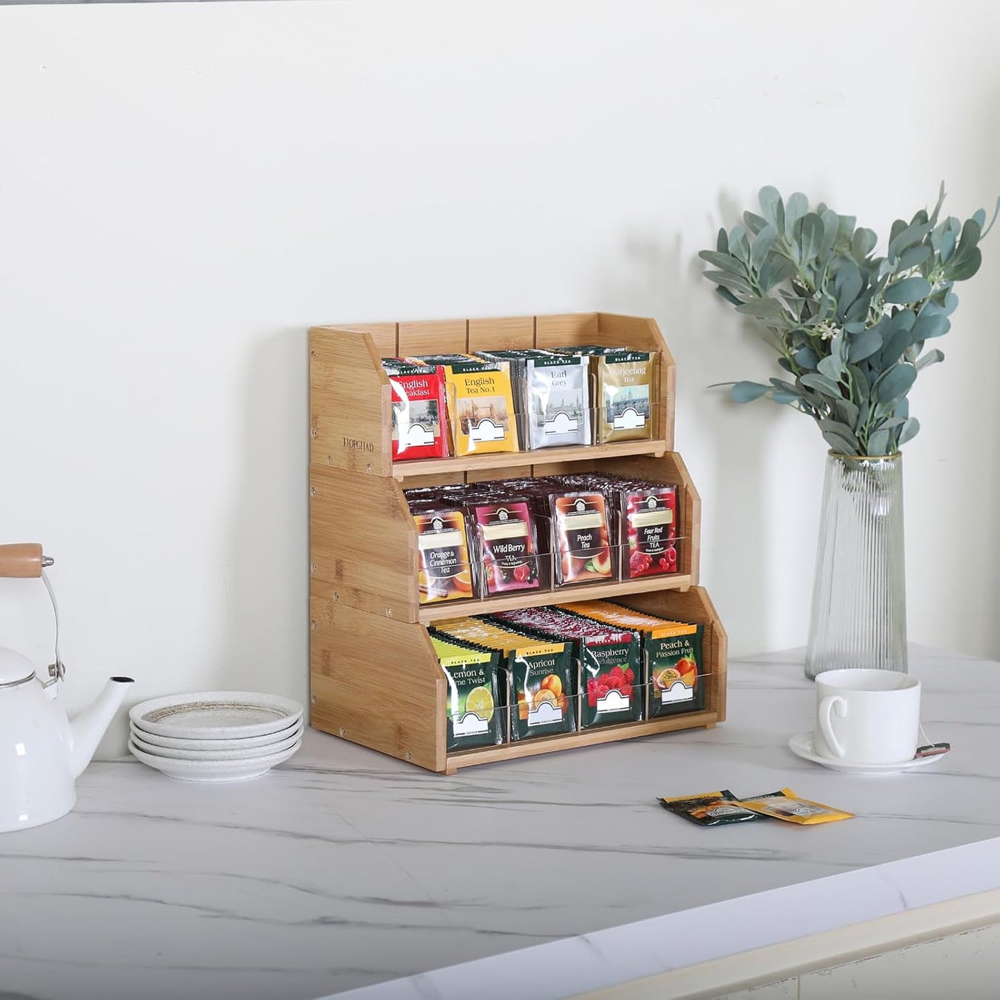 TIOPGHAD 2-Layer Stackable Bamboo Tea Bag Organizer Storage Holder & Rack - Wooden Tea Box Containers - Stand for Countertop or Cabinet