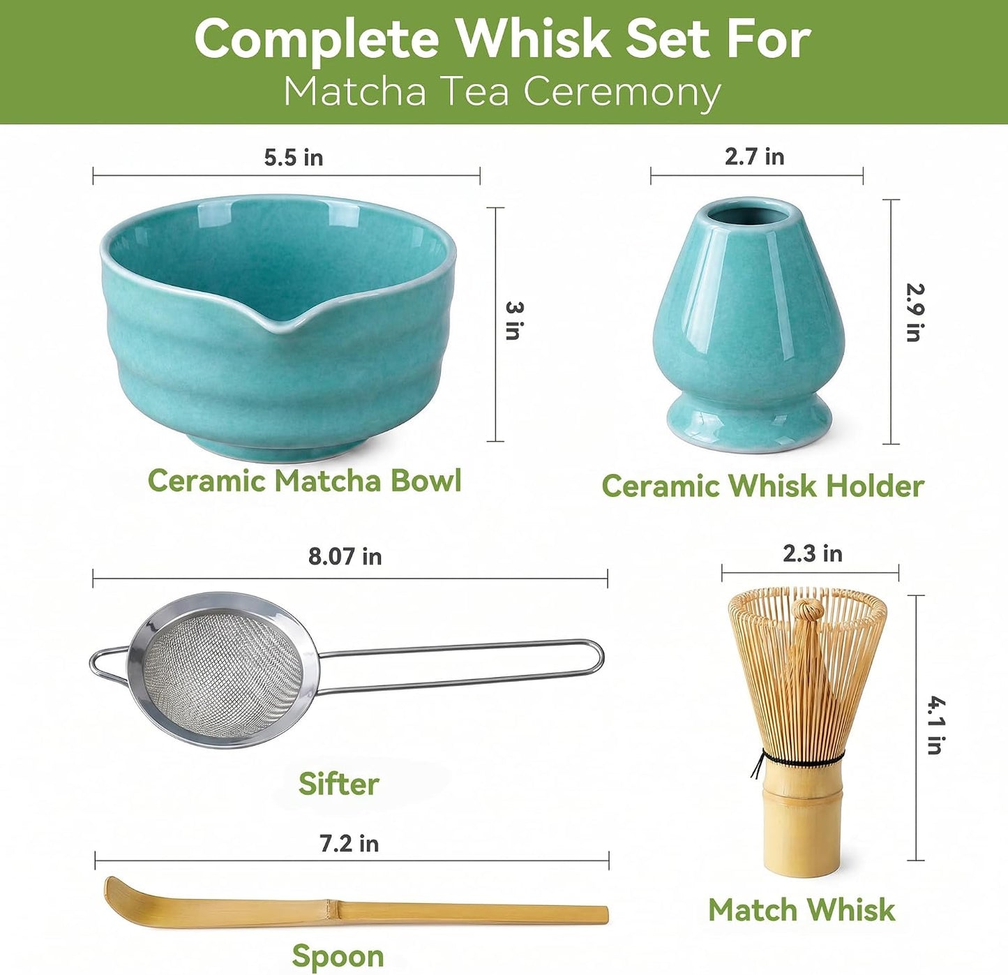 Matcha Whisk Set with Ceramic Bowl - Complete Matcha Making Kit, Bamboo Whisk (Chasen), Whisk Holder, Matcha Powder Sifter, Scoop, Japanese Tea Ceremony Tools（Green）