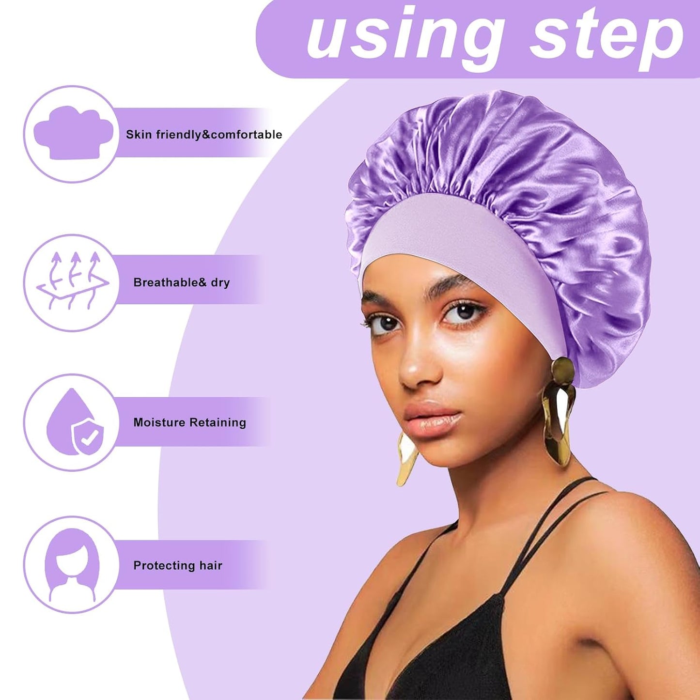 4PCS Silk Satin Bonnets for Black Women & Men - Elastic Wide Band Hair Wrap Cap for Curly Hair - Shower Cap for Sleeping (Black, Peacock Blue, Pink, Khaki)