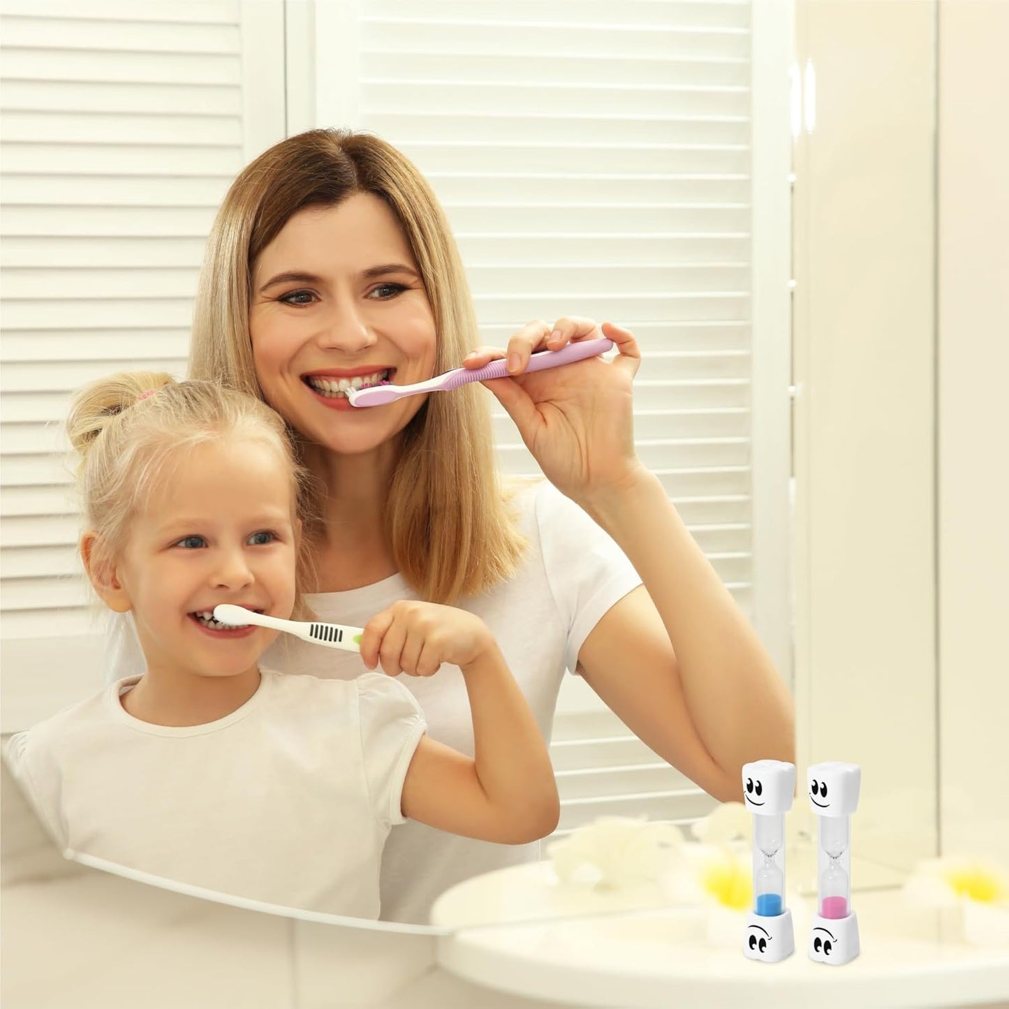 2 Minute Toothbrush Sand Timer for Kids - Set of 2 Small Blue and Pink Smiley Hourglass