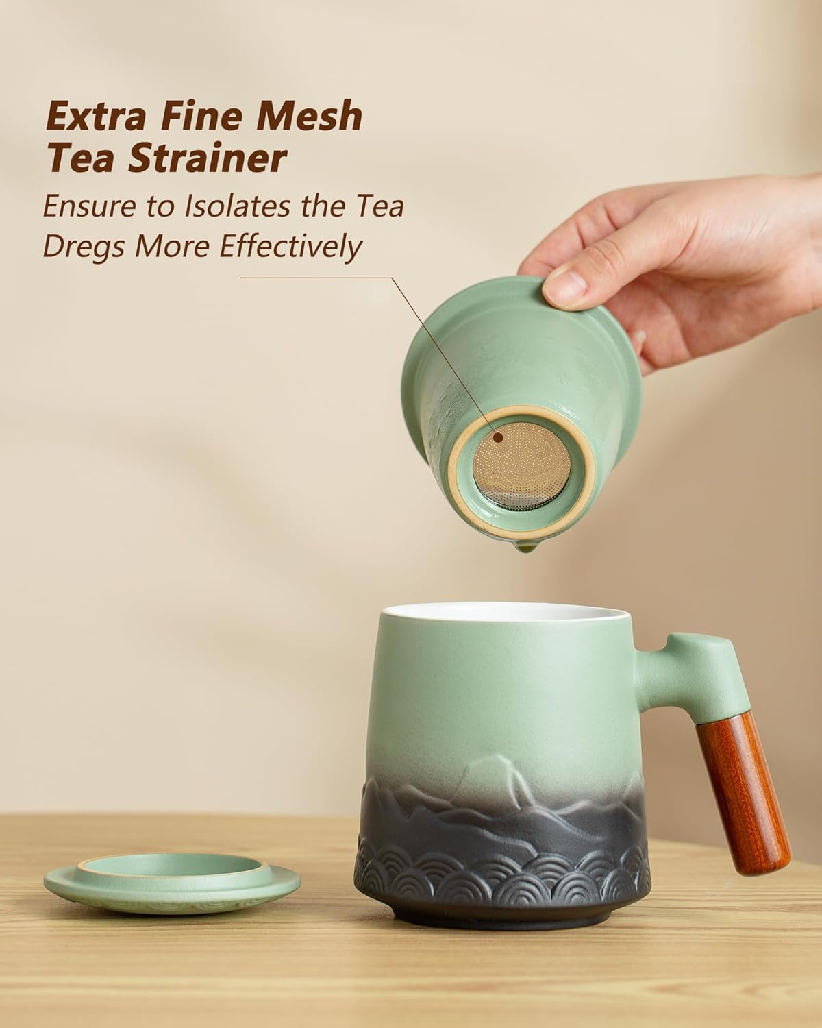 ZENS Embossed Ceramic Tea Mug with Infuser and Lid, 14.5 oz Wooden Handle, Loose Leaf Tea Steeper Cup & Strainer for Tea Lovers Gifts