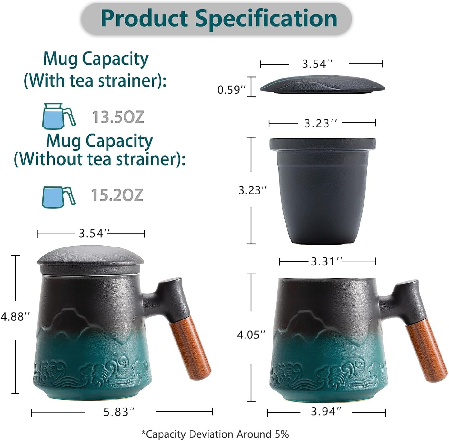ZENS Embossed Ceramic Tea Mug with Infuser and Lid, 14.5 oz Wooden Handle, Loose Leaf Tea Steeper Cup & Strainer for Tea Lovers Gifts