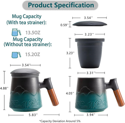 ZENS Embossed Ceramic Tea Mug with Infuser and Lid, 14.5 oz Wooden Handle, Loose Leaf Tea Steeper Cup & Strainer for Tea Lovers Gifts