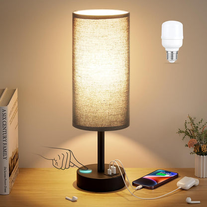 Dicoool Touch Bedside Table Lamp with USB - 3 Way Dimmable Wood Lamp for Bedroom Nightstand, Desk Lamp with Charging Station for Dorm, Living Room, Office, Kids Room, Small, 14in