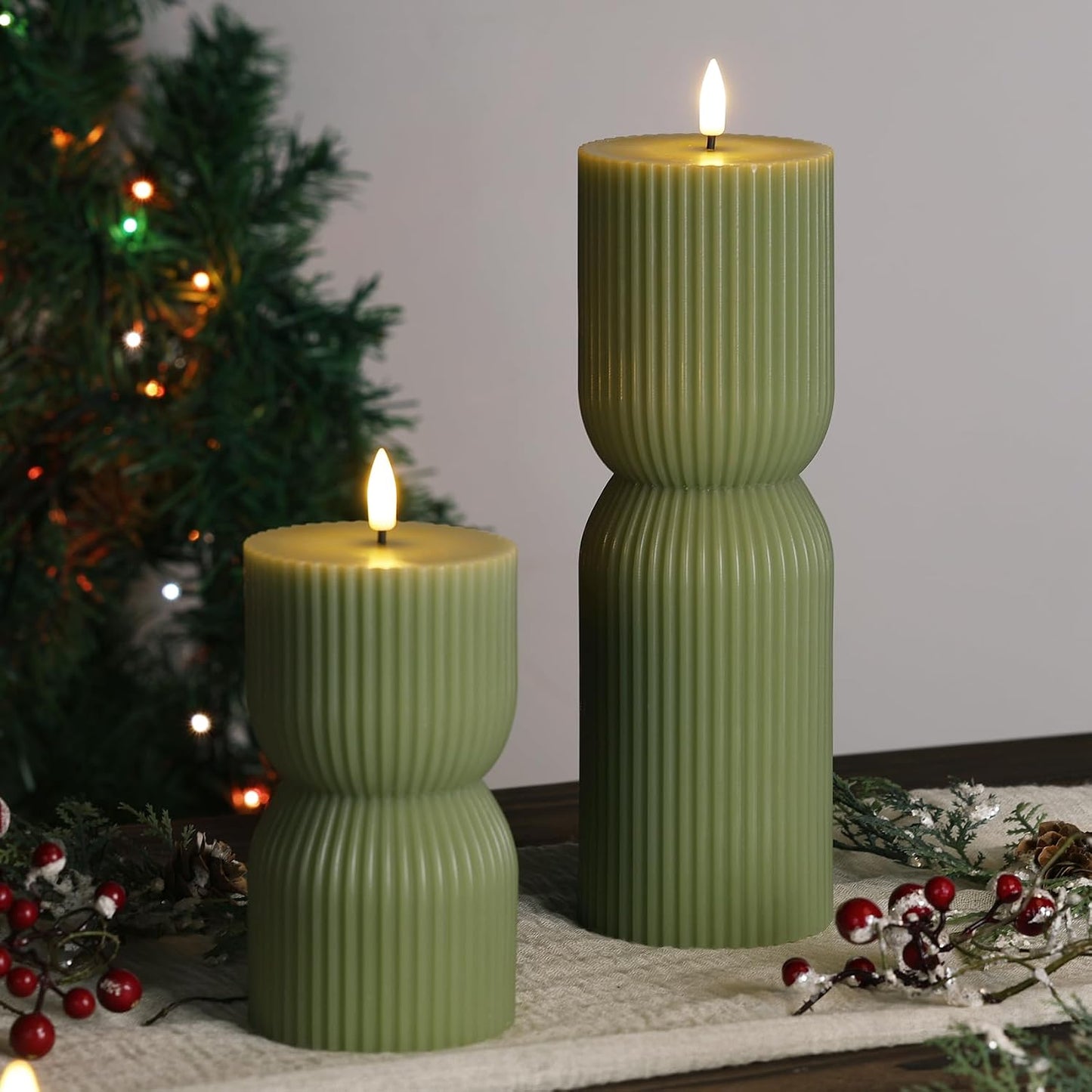White Ribbed Flameless Pillar Candles with Remote, Real Wax Flickering Battery LED Candles Set of 2