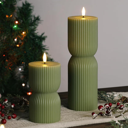 White Ribbed Flameless Pillar Candles with Remote, Real Wax Flickering Battery LED Candles Set of 2