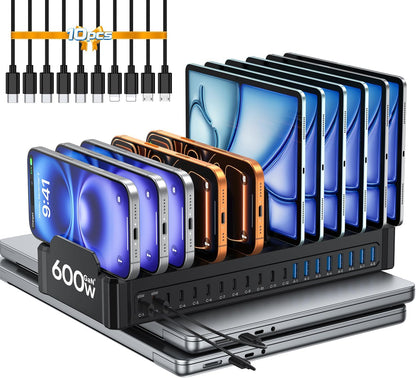 20-Port 600W Moezuti Charging Station for Multiple Devices with 10 Cables
