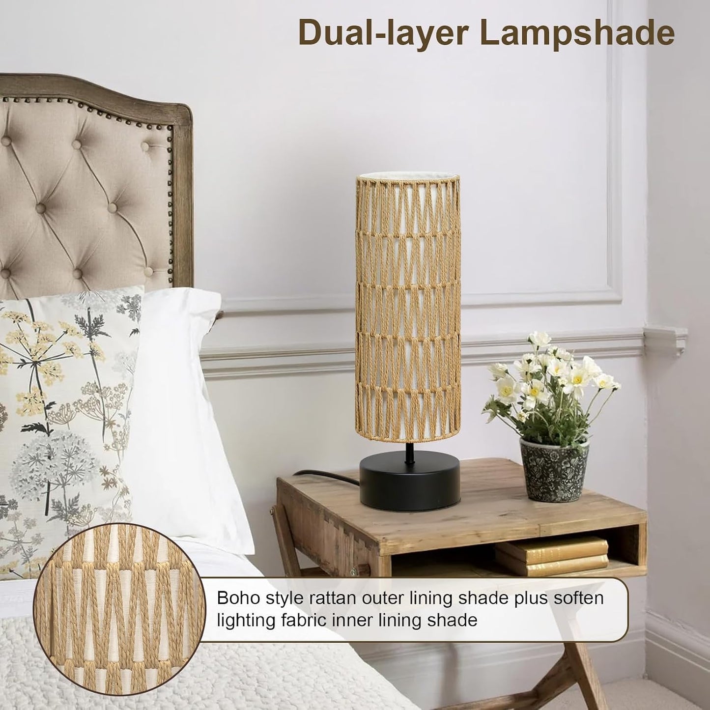 Touch Table Lamp, 3-Way Dimmable Modern Minimalist Accent Bedside Lamp with Cylinder Fabric Shade, Night Light Nightstand Desk Lamp for Bedroom Living Room Kitchen, 9W LED Bulb Included