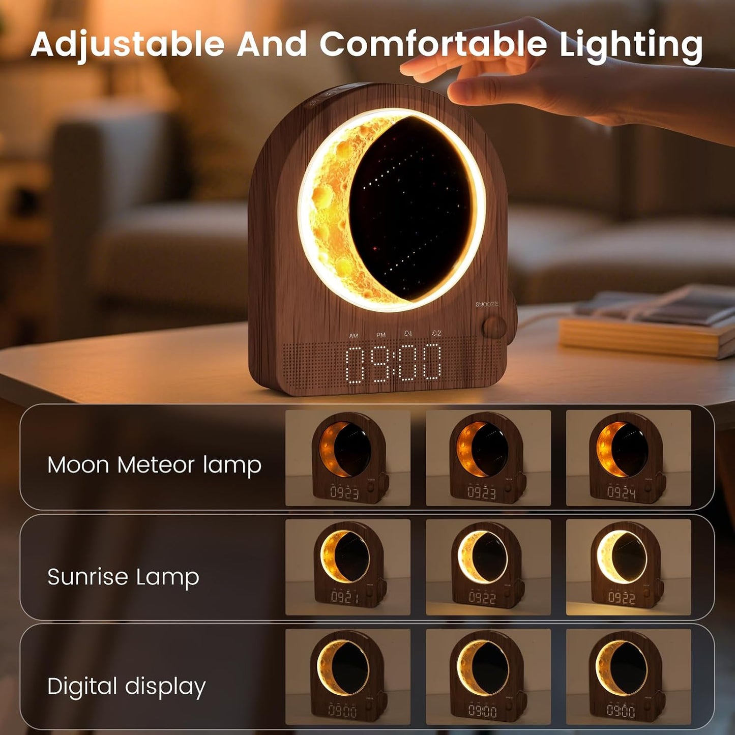 Sunrise Alarm Clock, White Noise Machine & Meteor Moonlight - 10 Soothing Sounds, Dual Alarms, 30/60/90min Timer, Easy Snooze - Bedroom Gift for Insomnia Adults/Women - Wood Grain