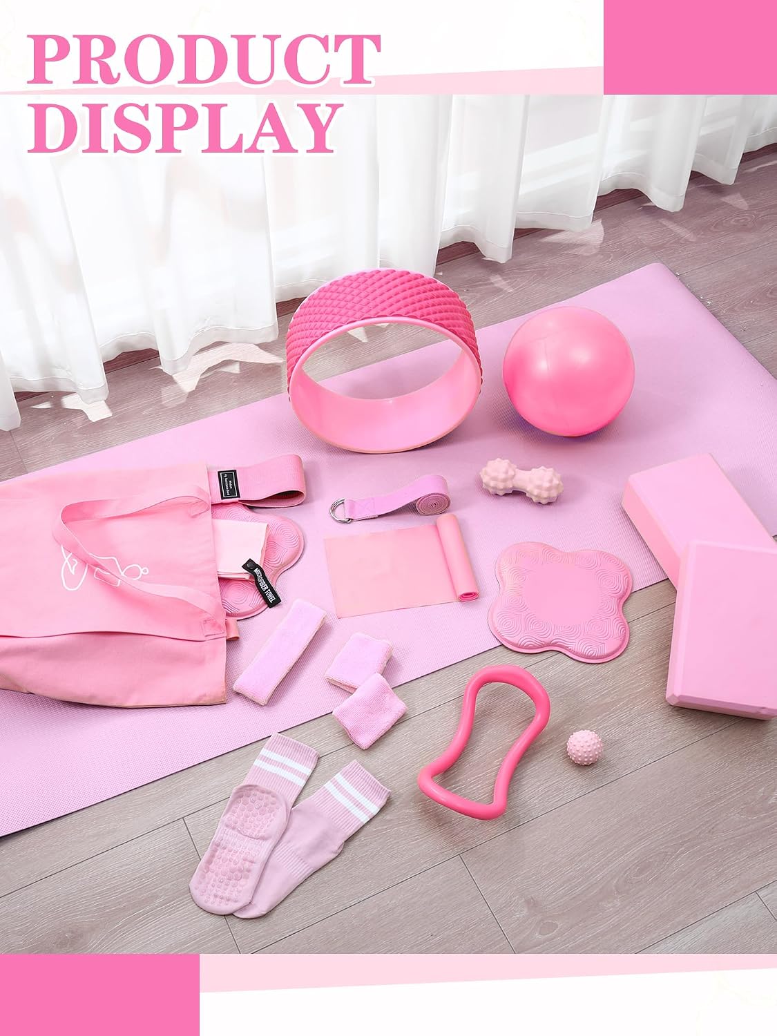 Gemscream 17 Pcs Yoga Essential Kit for Women, Pilates Equipment Starter Set for Beginners with Yoga Wheel Ball Blocks Strap Resistance Bands Wrist Rings Socks Towel & Carry Bag for Home Workouts