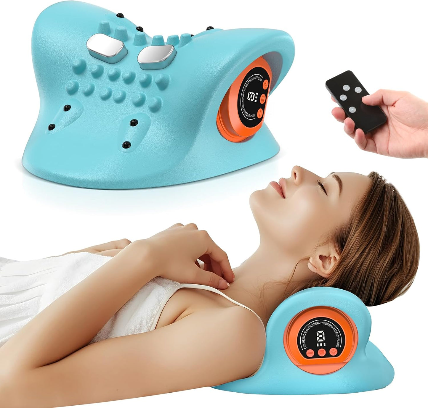 Smedz Neck Massager 2026, 4-in-1 Neck & Shoulder Massager with Multi-Directional Stretch, Heating & Vibration, 360° Remote Control–Ergonomic for Home, Office, Car Travel‌（Sky Blue‌）