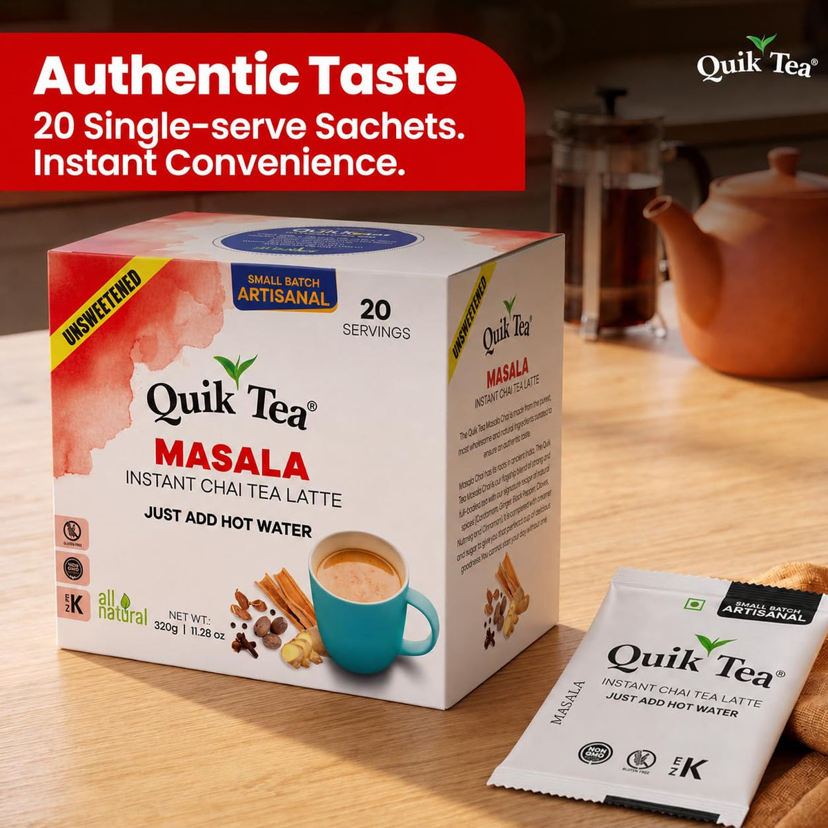 QuikTea Instant Chai Tea Latte Mix, Masala, Unsweetened, 20 Sachets