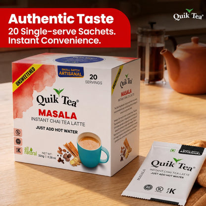 QuikTea Instant Chai Tea Latte Mix, Masala, Unsweetened, 20 Sachets