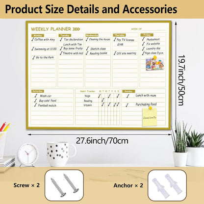 Gold Weekly Dry Erase Board for Wall,12"x16",Gold Metal Frame Weekly Planner Whiteboard for to Do List, Memo, School, Home, Office, Kitchen-GZ