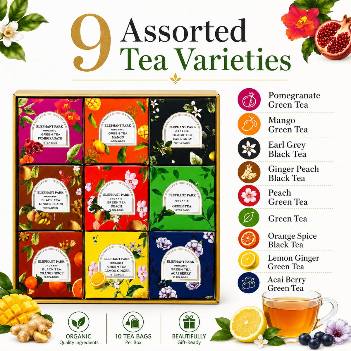 Premium Organic Holiday Tea Bag Sampler Gift Box - 90 Bags 9 Exotic Flavors Herbal Orange Spice, Mango, Earl Grey, Pomegranate, Peach, Green, Ginger Peach, Lemon Ginger, Acai Berry