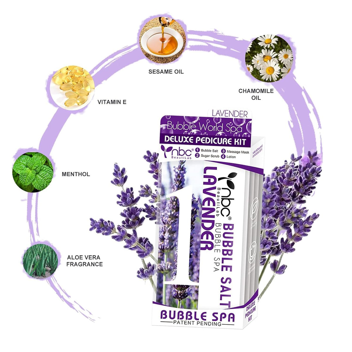 Pedicure Kit Foot Soak Set: Bubble Salt, Sugar Scrub, Massage Mask, Massage Lotion in a Box, 4 Step Foot Spa Kit for Dry Feet, Softens Calluses, Tired Feet（ Lavender) - Colors B