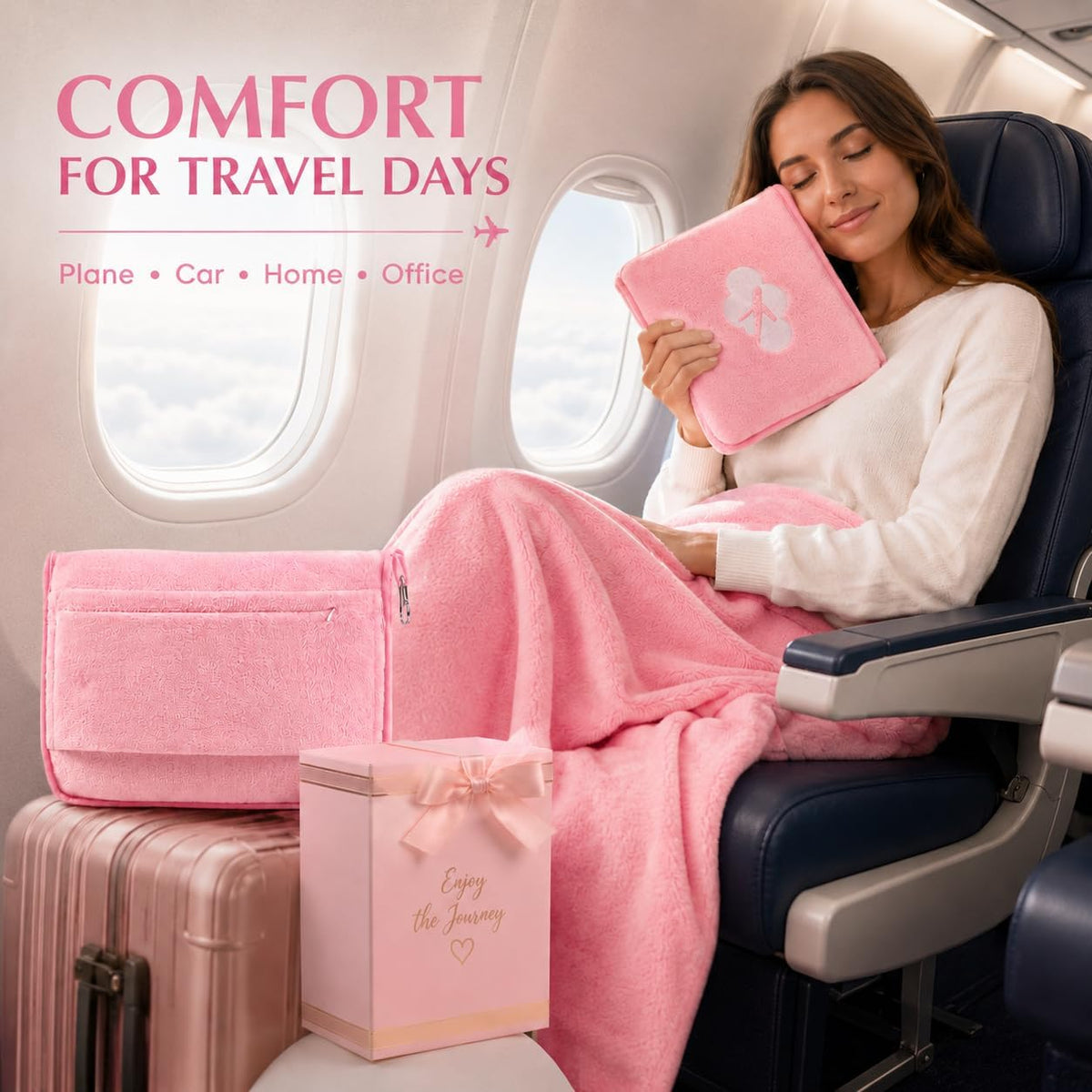 Blanket Pillow for Airplane Travel Essentials -3 In 1 Plane Travel Set Pink