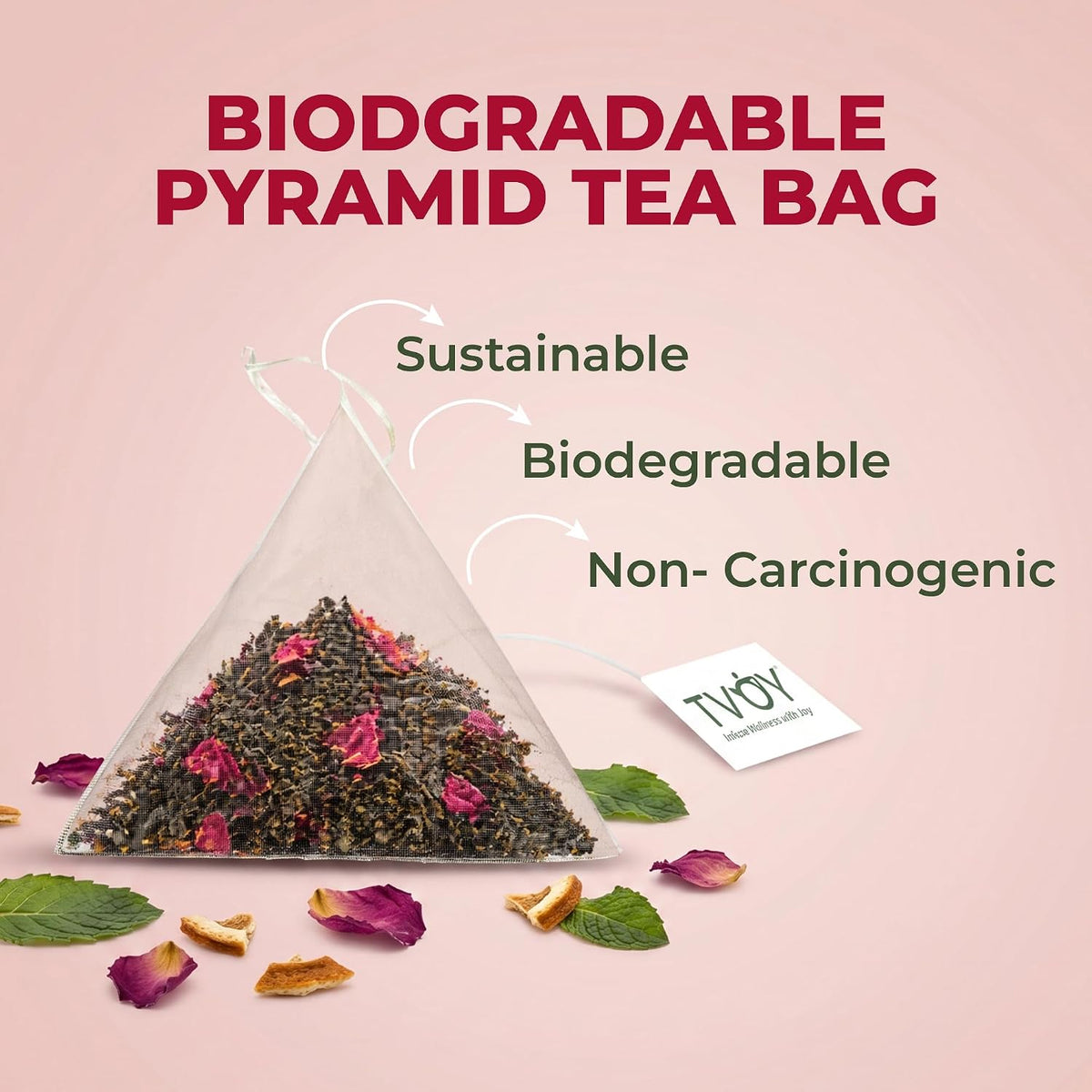 Tvoy Rose Green Tea Bags, 40 Pyramid Tea Bags, Individually Wrapped Bags